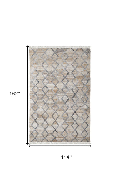 10 x 13 Gray Ivory & Tan Geometric Hand Woven Stain Resistant Rug With Fringe