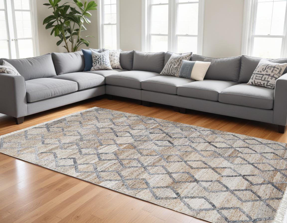 10 x 13 Gray Ivory & Tan Geometric Hand Woven Stain Resistant Rug With Fringe