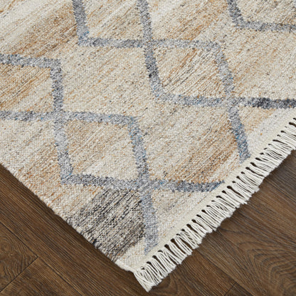 10 x 13 Gray Ivory & Tan Geometric Hand Woven Stain Resistant Rug With Fringe