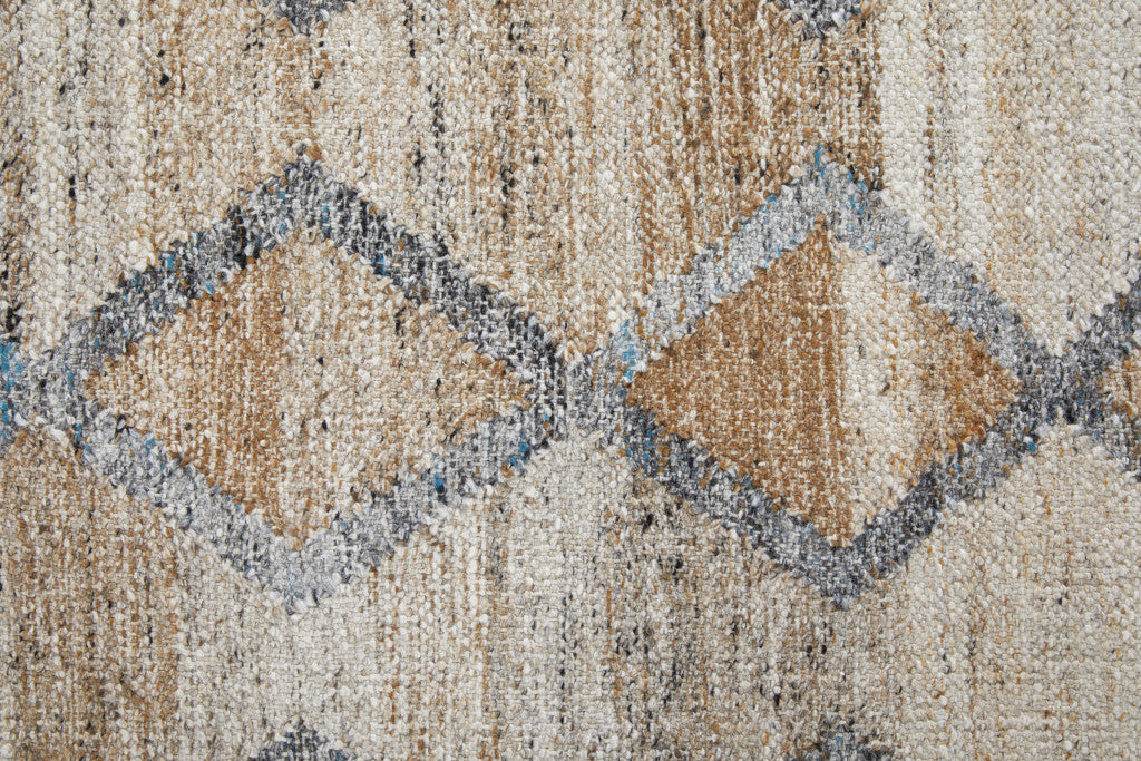 10 x 13 Gray Ivory & Tan Geometric Hand Woven Stain Resistant Rug With Fringe