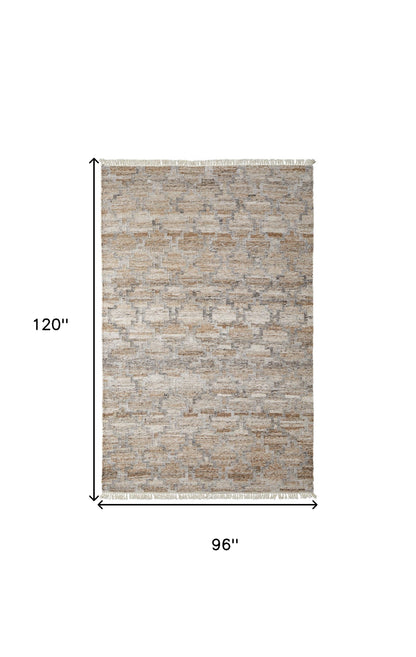 8 x 10 Tan Gray & Ivory Geometric Hand Woven Stain Resistant Rug With Fringe