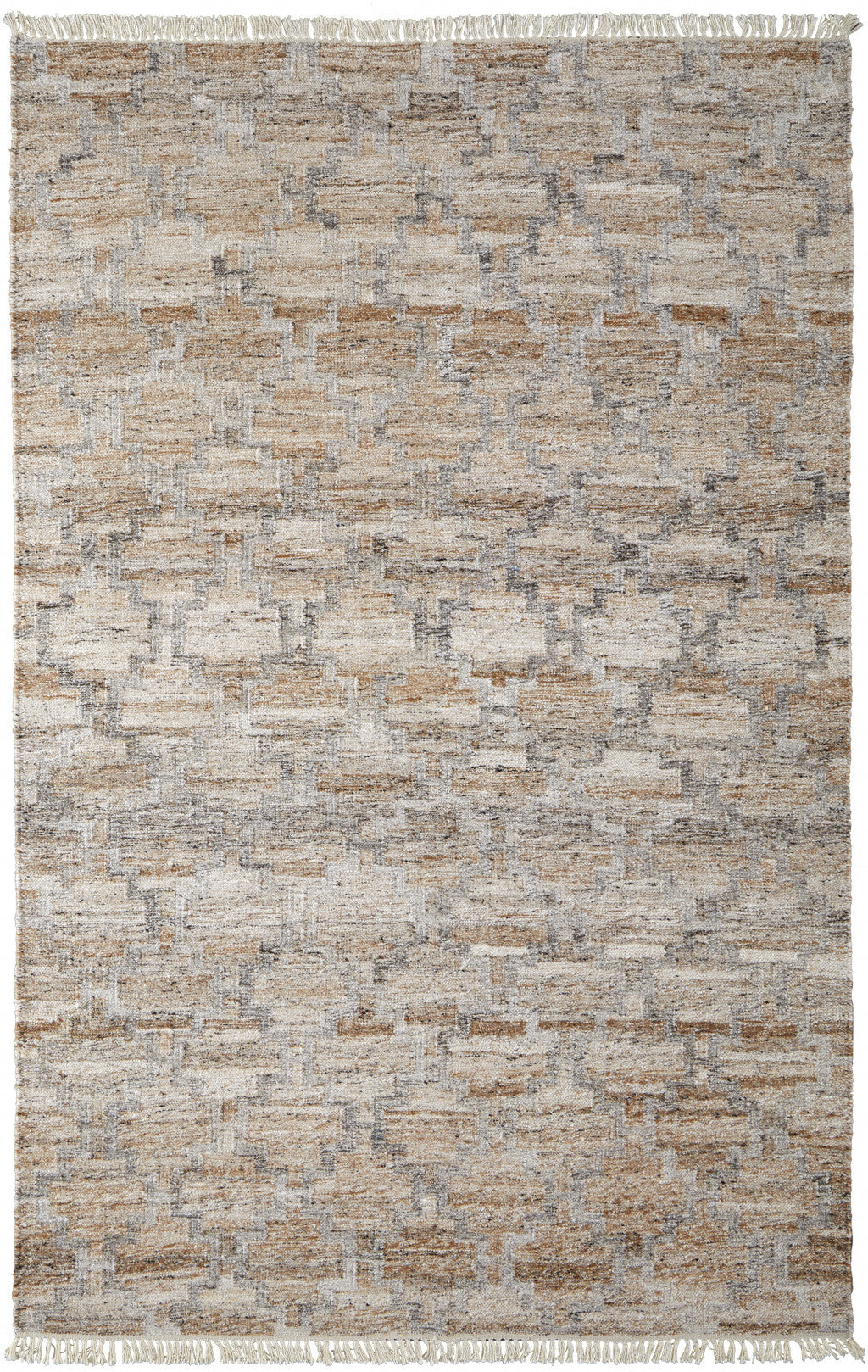 9 x 12 Tan Gray & Ivory Geometric Hand Woven Stain Resistant Rug With Fringe