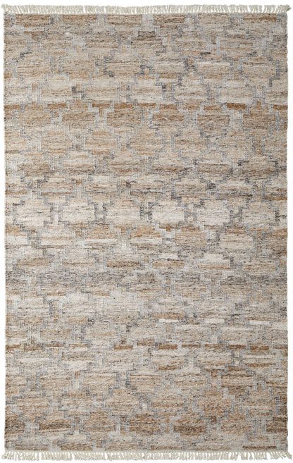 9 x 12 Tan Gray & Ivory Geometric Hand Woven Stain Resistant Rug With Fringe