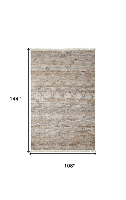 9 x 12 Tan Gray & Ivory Geometric Hand Woven Stain Resistant Rug With Fringe