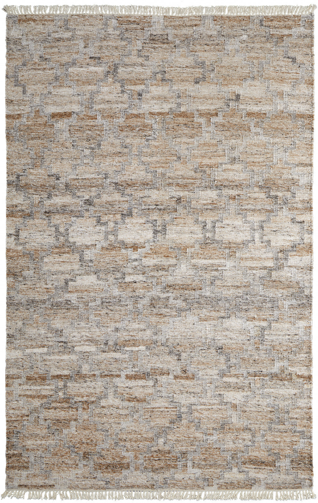 9 x 12 Tan Gray & Ivory Geometric Hand Woven Stain Resistant Rug With Fringe
