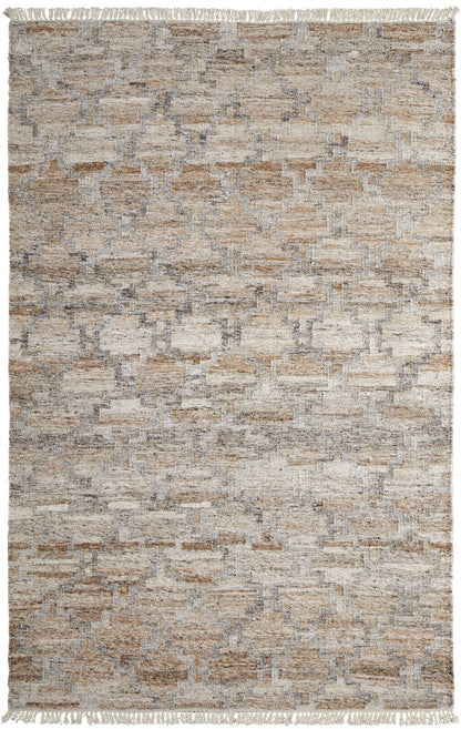 9 x 12 Tan Gray & Ivory Geometric Hand Woven Stain Resistant Rug With Fringe