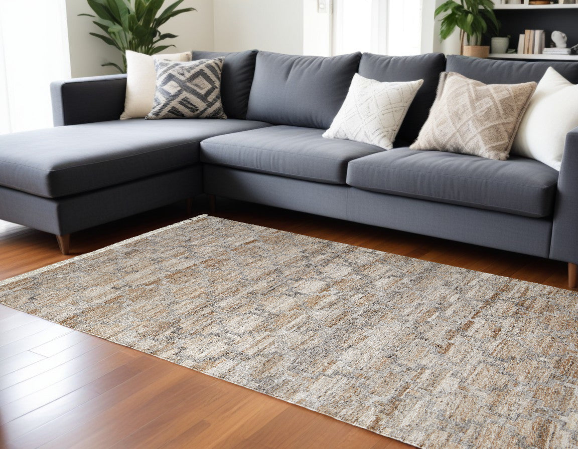 9 x 12 Tan Gray & Ivory Geometric Hand Woven Stain Resistant Rug With Fringe