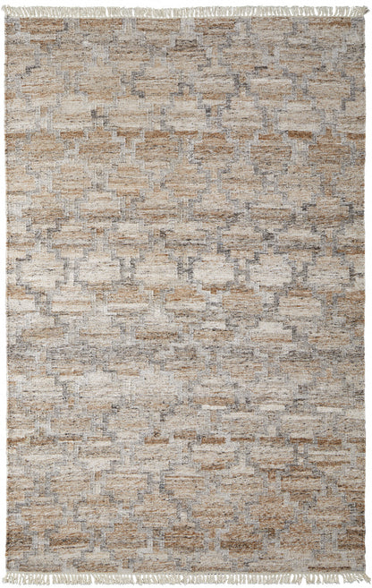 10 x 13 Tan Gray & Ivory Geometric Hand Woven Stain Resistant Rug With Fringe
