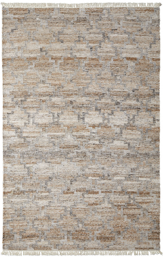 10 x 13 Tan Gray & Ivory Geometric Hand Woven Stain Resistant Rug With Fringe