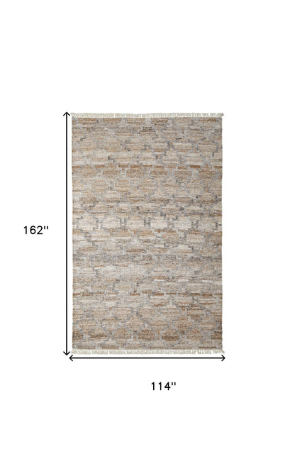 10 x 13 Tan Gray & Ivory Geometric Hand Woven Stain Resistant Rug With Fringe
