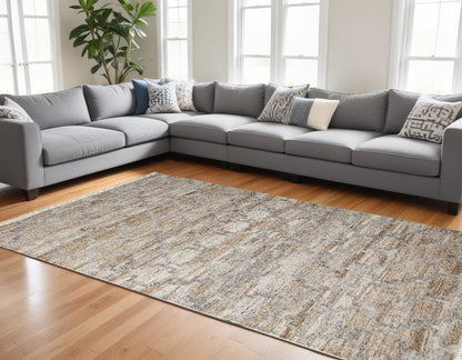 10 x 13 Tan Gray & Ivory Geometric Hand Woven Stain Resistant Rug With Fringe