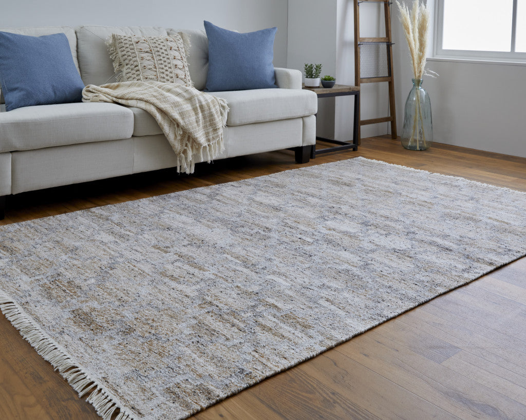 10 x 13 Tan Gray & Ivory Geometric Hand Woven Stain Resistant Rug With Fringe