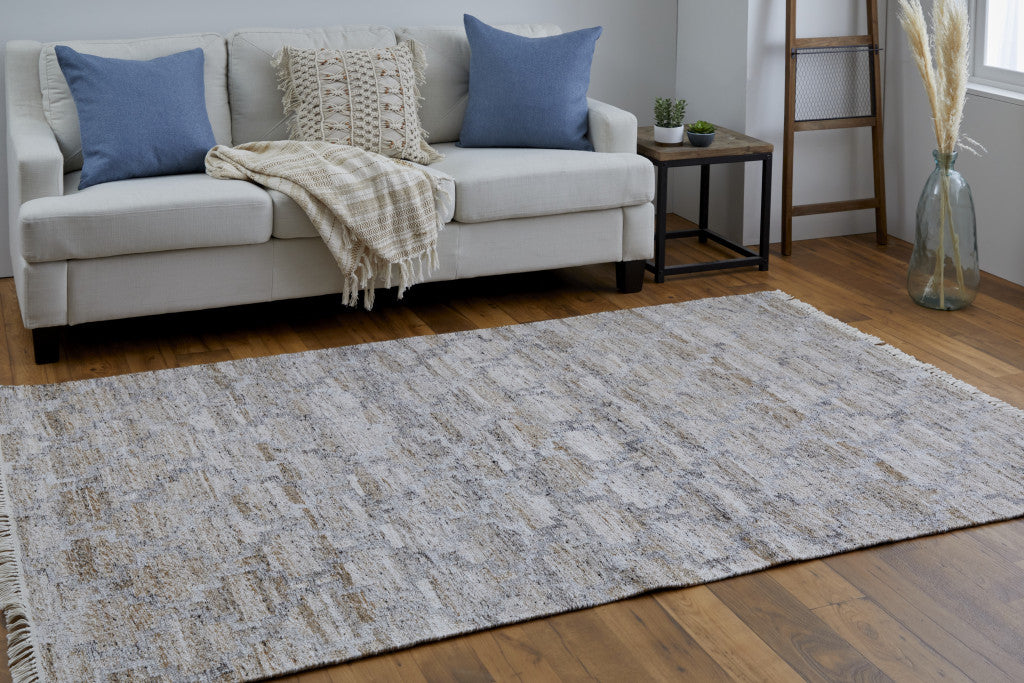 10 x 13 Tan Gray & Ivory Geometric Hand Woven Stain Resistant Rug With Fringe