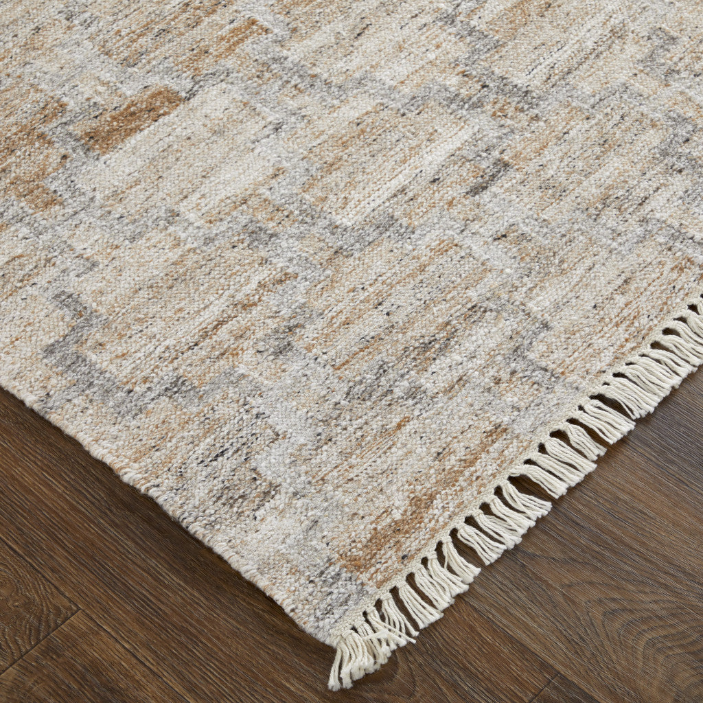 10 x 13 Tan Gray & Ivory Geometric Hand Woven Stain Resistant Rug With Fringe