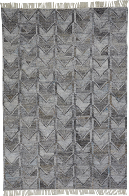 9 x 12 Gray & Black Geometric Hand Woven Rug With Fringe