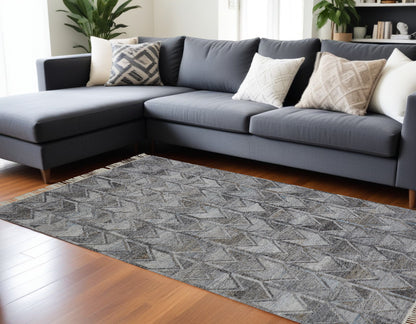 9 x 12 Gray & Black Geometric Hand Woven Rug With Fringe