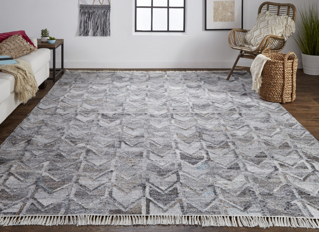 10 x 13 Gray & Black Geometric Hand Woven Rug With Fringe