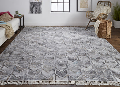 10 x 13 Gray & Black Geometric Hand Woven Rug With Fringe