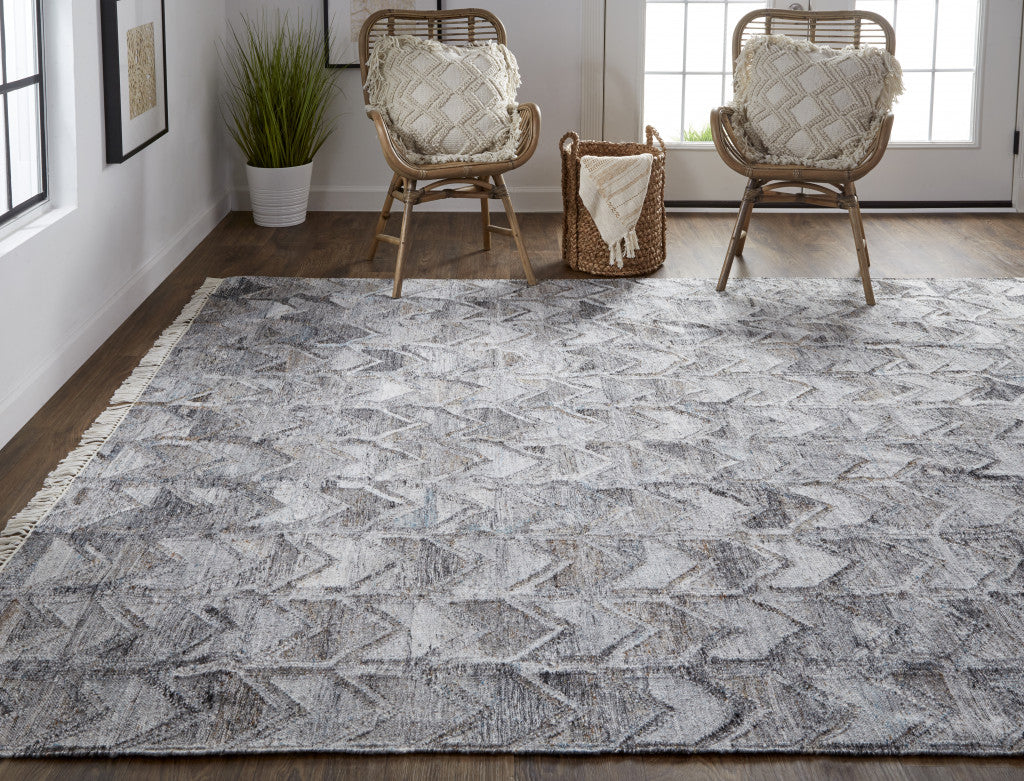 10 x 13 Gray & Black Geometric Hand Woven Rug With Fringe