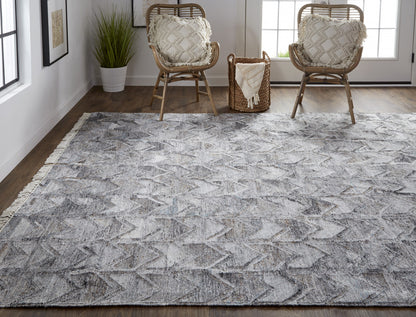 10 x 13 Gray & Black Geometric Hand Woven Rug With Fringe