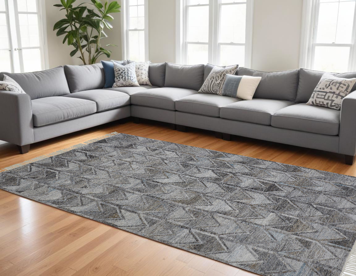 10 x 13 Gray & Black Geometric Hand Woven Rug With Fringe