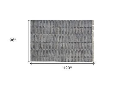 8 x 10 Gray Silver & Ivory Geometric Hand Woven Stain Resistant Rug With Fringe