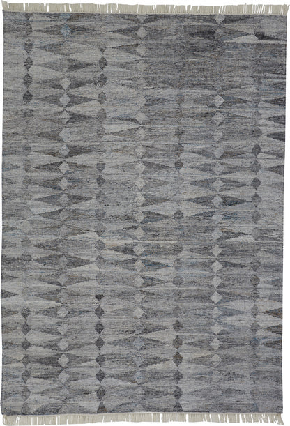 9 x 12 Gray & Black Geometric Hand Woven Rug With Fringe
