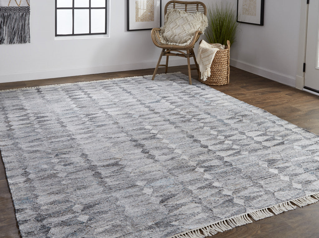 9 x 12 Gray & Black Geometric Hand Woven Rug With Fringe