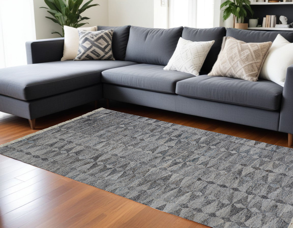 9 x 12 Gray & Black Geometric Hand Woven Rug With Fringe