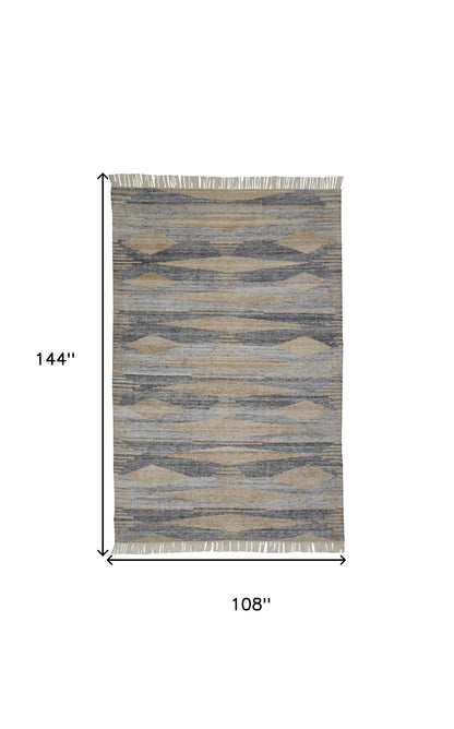 9 x 12 Gray Black & Brown Hand Woven Rug With Fringe
