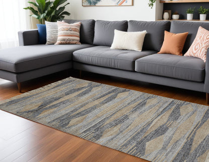 9 x 12 Gray Black & Brown Hand Woven Rug With Fringe