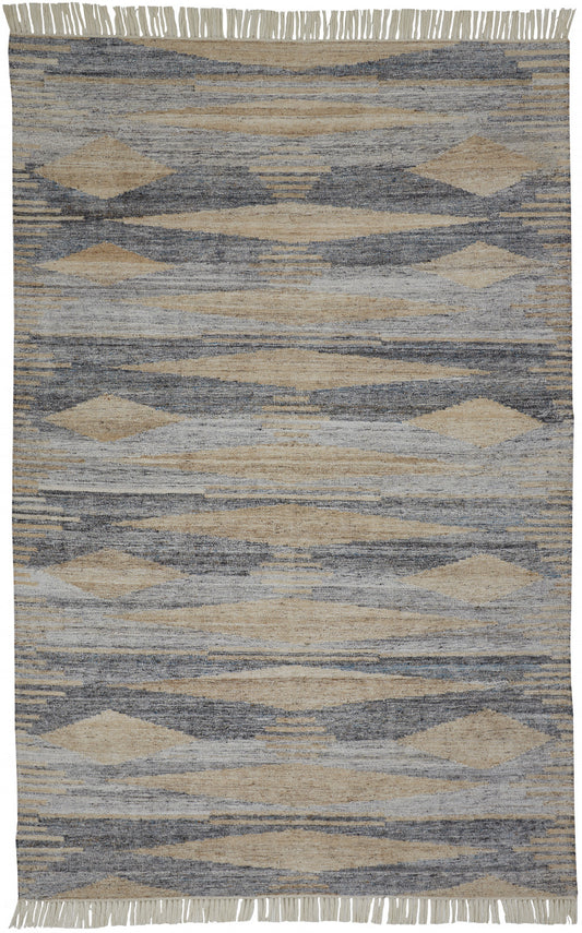10 x 13 Gray Black & Brown Hand Woven Rug With Fringe