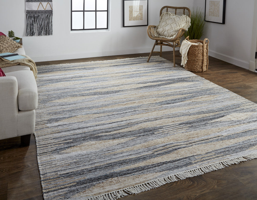 10 x 13 Gray Black & Brown Hand Woven Rug With Fringe