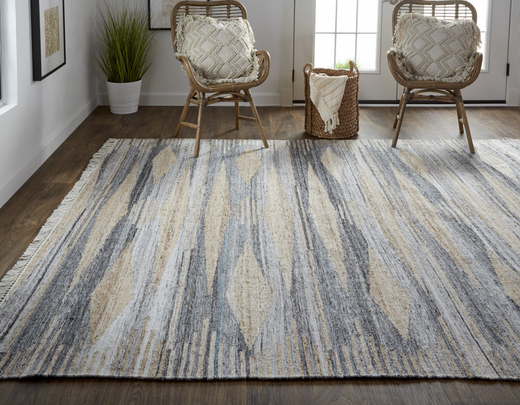 10 x 13 Gray Black & Brown Hand Woven Rug With Fringe