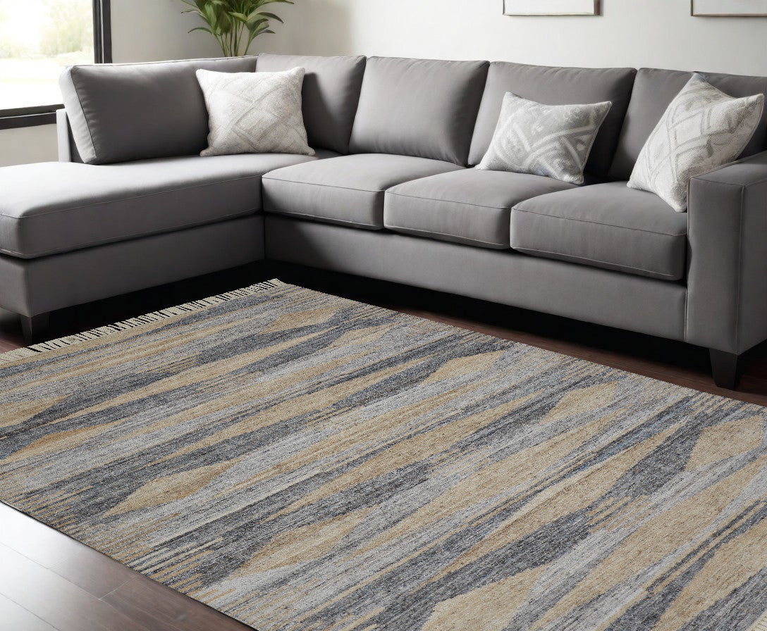 10 x 13 Gray Black & Brown Hand Woven Rug With Fringe