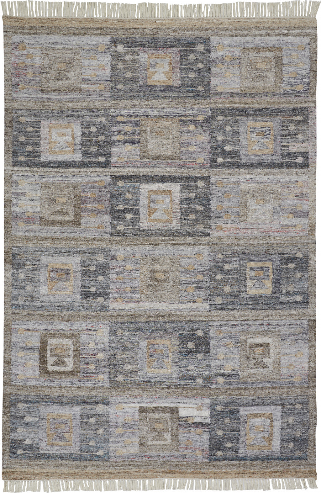 9 x 12 Gray Black & Brown Geometric Hand Woven Rug With Fringe
