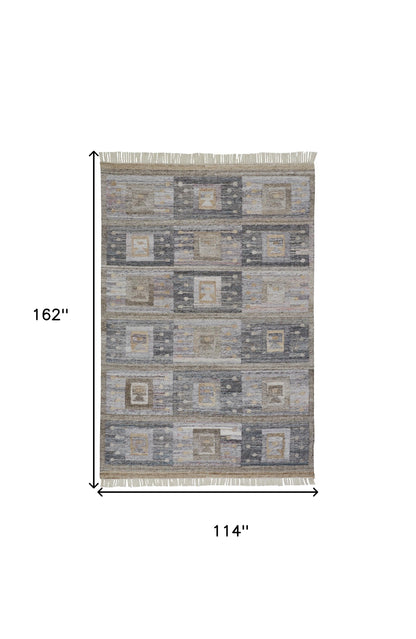 10 x 13 Gray Black & Brown Geometric Hand Woven Rug With Fringe