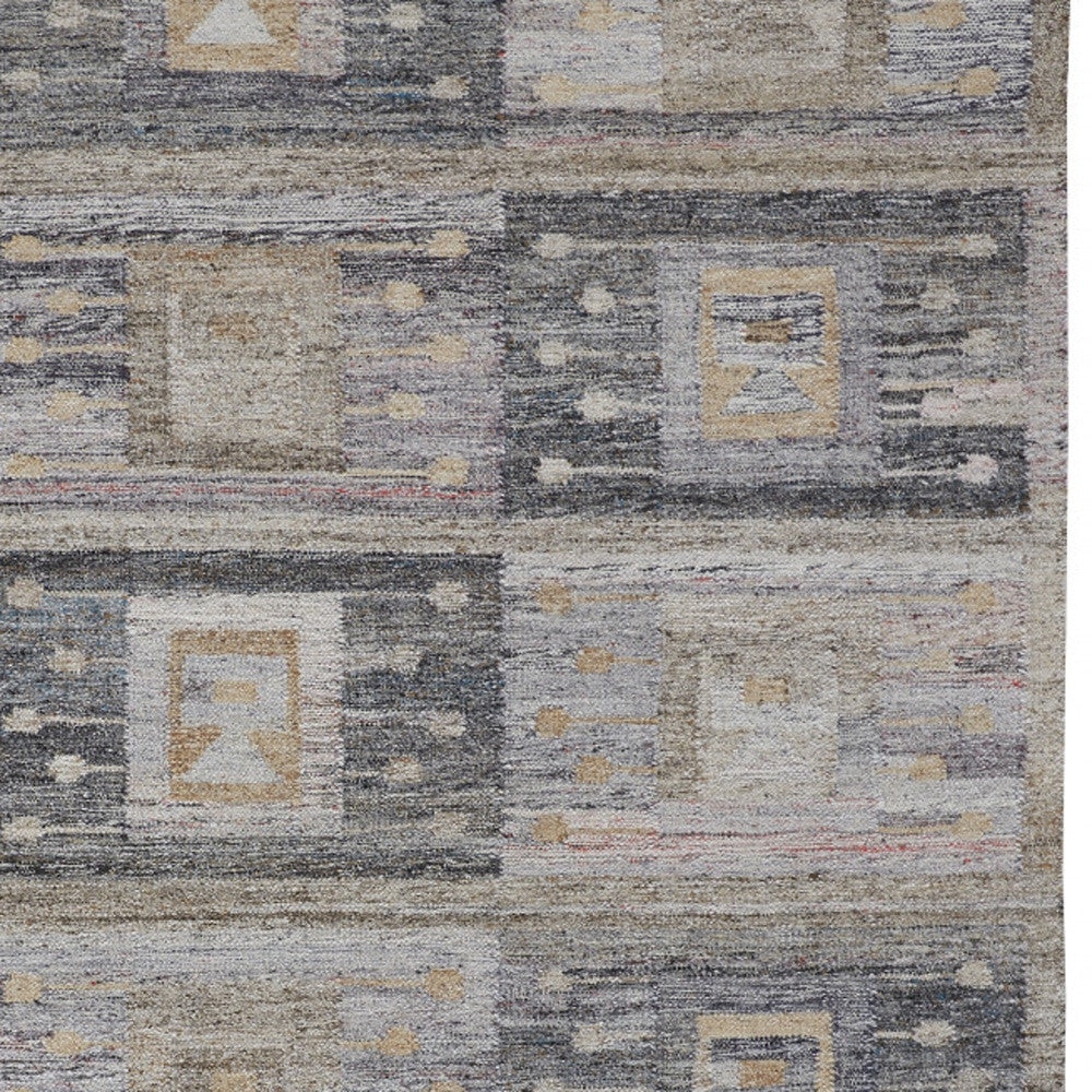 10 x 13 Gray Black & Brown Geometric Hand Woven Rug With Fringe