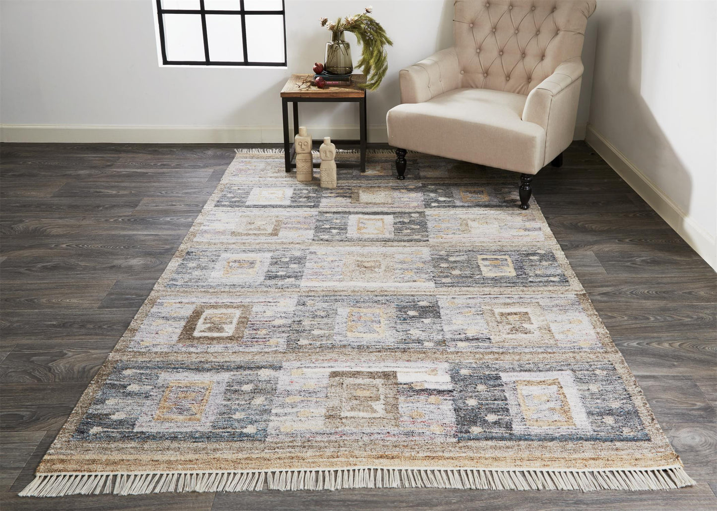 10 x 13 Gray Black & Brown Geometric Hand Woven Rug With Fringe