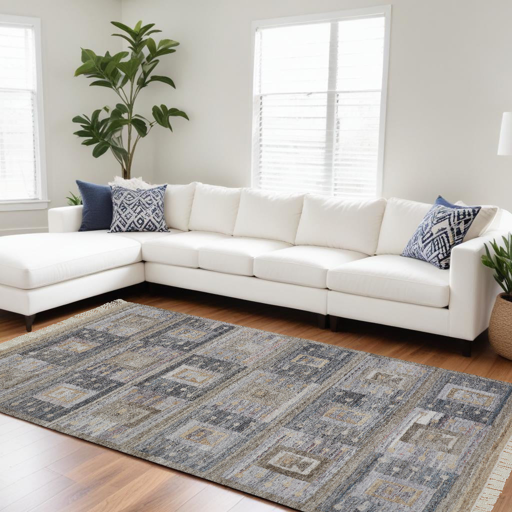10 x 13 Gray Black & Brown Geometric Hand Woven Rug With Fringe