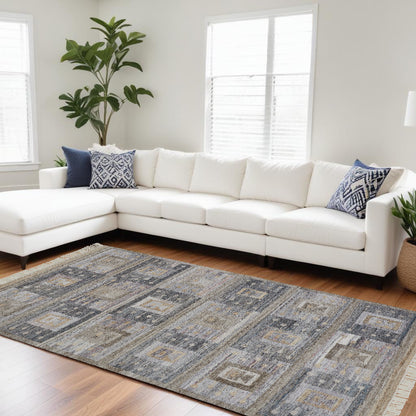 10 x 13 Gray Black & Brown Geometric Hand Woven Rug With Fringe