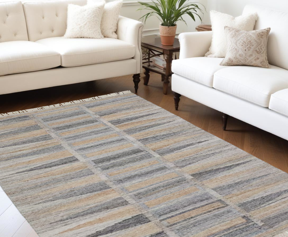 8 x 10 Tan Gray & Taupe Geometric Hand Woven Stain Resistant Rug With Fringe