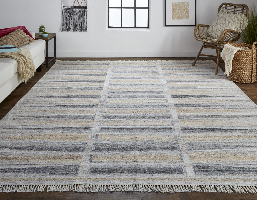9 x 12 Gray Black & Brown Geometric Hand Woven Rug With Fringe
