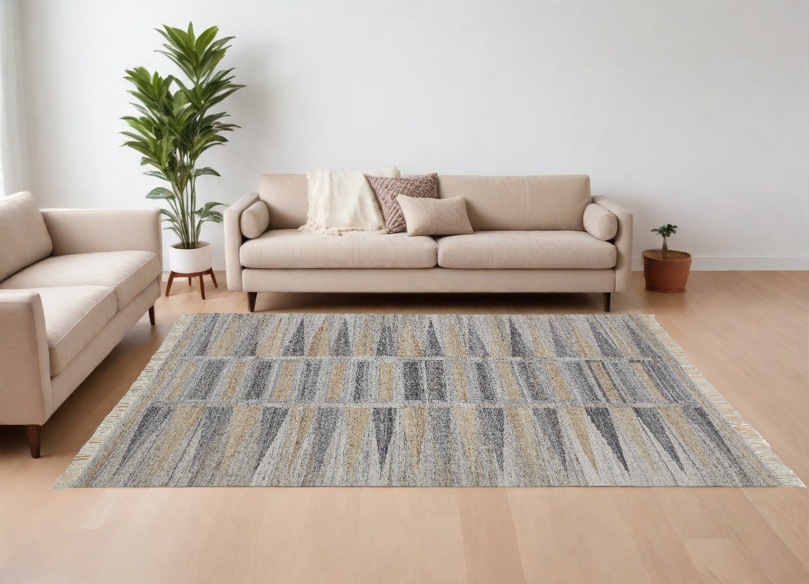 9 x 12 Gray Black & Brown Geometric Hand Woven Rug With Fringe
