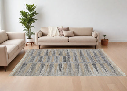9 x 12 Gray Black & Brown Geometric Hand Woven Rug With Fringe