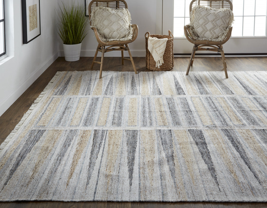 10 x 13 Gray Black & Brown Geometric Hand Woven Rug With Fringe