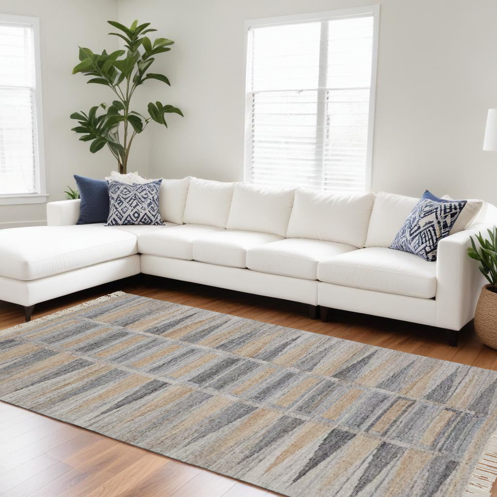 10 x 13 Gray Black & Brown Geometric Hand Woven Rug With Fringe