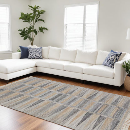 10 x 13 Gray Black & Brown Geometric Hand Woven Rug With Fringe