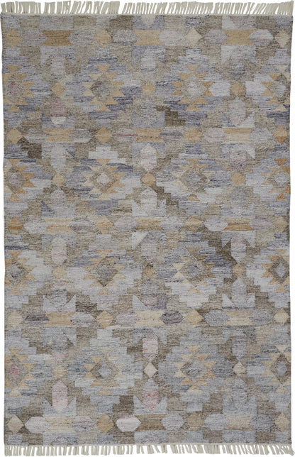 8 x 10 Taupe Gray & Blue Geometric Hand Woven Stain Resistant Rug With Fringe