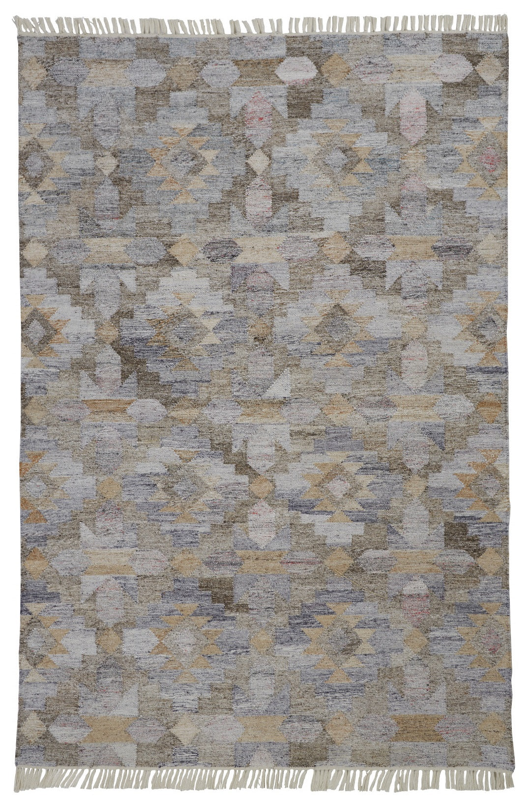 8 x 10 Taupe Gray & Blue Geometric Hand Woven Stain Resistant Rug With Fringe